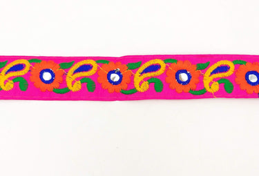 Fuchsia Pink Floral Mirrored Trim With Orange Flowers And Yellow Paisley Embroidery, Decorative Trimming, Trim By 3 Yards